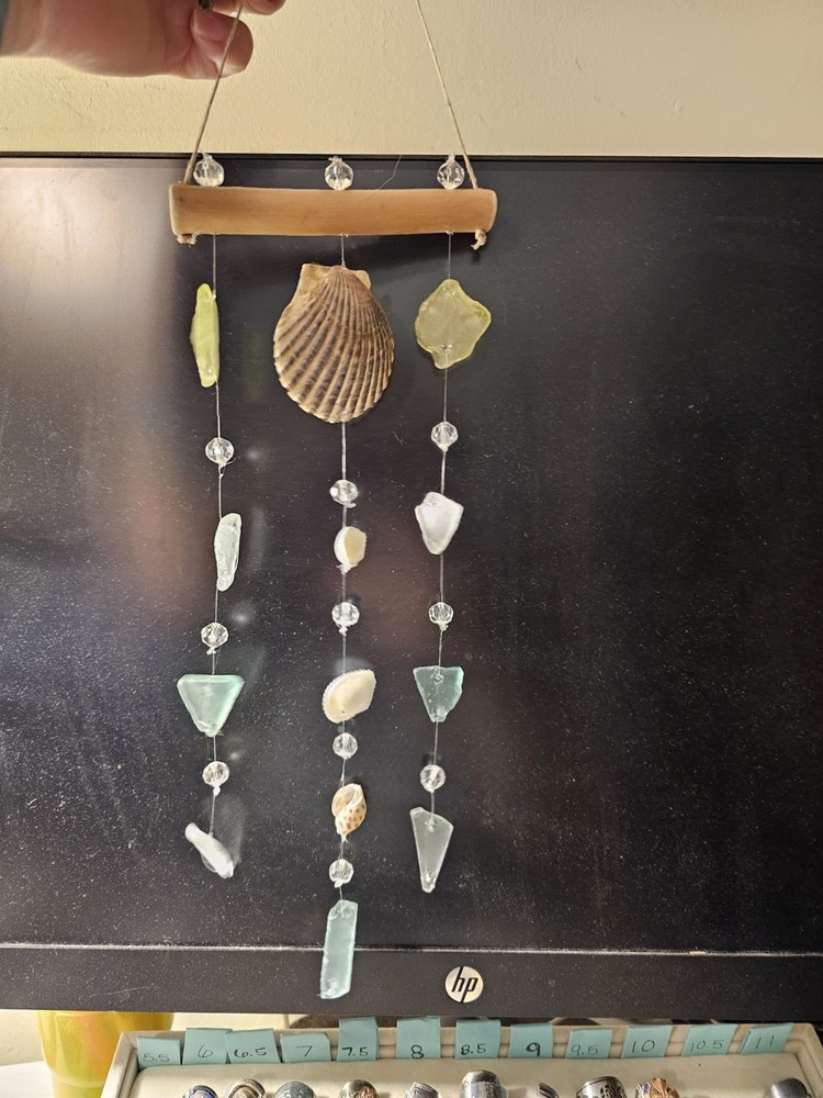 Beach Hanging Mobile Suncatcher Multicolor Sea Glass Shells Wood for Porch