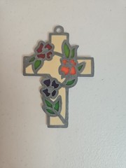 Cross with Flowers Suncatcher Stained Glass Vintage Cross 4″x 3″ Ivory Blue Red