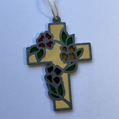 Vintage Sun Catcher Stained Glass Ornament Green Yellow Red Rose Adorned Cross