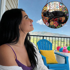 Stained Glass Window Hanging, 7.8″ Cat and Flower Sun Catchers with Hook Indoor