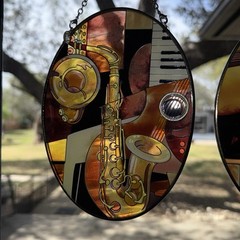 PAUL BRENT Hand Painted AMIA of Denver Glass Saxophone Music Sun Catcher
