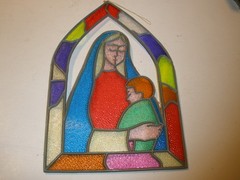 Suncatcher Plastic Mary & Jesus in Stain Glass Type Window 10″x6″ EUC