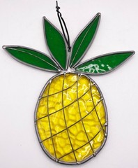 VTG Stained Glass Pineapple Suncatcher Yellow Green Hanging Handmade 7″