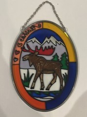 Vintage Alaska Moose Hand Painted Glass Suncatcher Oval