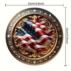 4th of July Ornate American Flag Plaque, 15cm Diameter Gold Embossed Design