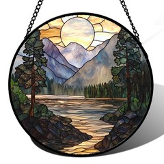 Stained Glass Sunset Mountains Lake Tree Sun Catcher Home Decor Gift 7.8″
