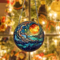 The Moon and Stars Acrylic Window Hanging, Mountains Lake Stained Acrylic