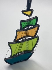 Colorful Vintage Leaded Stained Glass Sailing Ship Sun Catcher 8″ Nautical