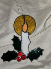 Handmade Metal Panel Stained Glass Holiday Candle Holly