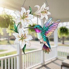 Hummingbird White Lily Suncatcher Acrylic Flower Window Decor Gift