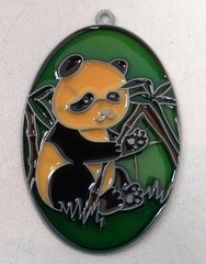 Panda Bear and Bamboo Vintage Oval Sun Catcher 4.5″ Stained Glass Green 925