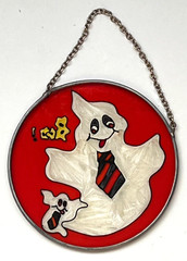 Smiling Ghosts w/Tie Stained Glass Suncatcher 4.5” Halloween Fun Decoration RARE