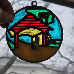 HORSE COVERED BRIDGE Suncatcher Ornament Stained Glass Acrylic Metal Set Of 2