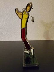 Stained Glass Golfer Swinging with Yellow Shirt and red Pants figure statue