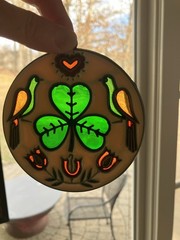 Vintage Irish Hex Sign Sun Catcher Shamrock Distelfink Birds Heart Tulips