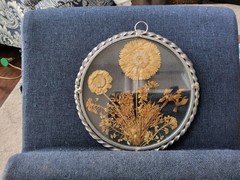 Vintage Round Sun Catcher Pewter With Beveled Glass Dried Flowers Cottage Core