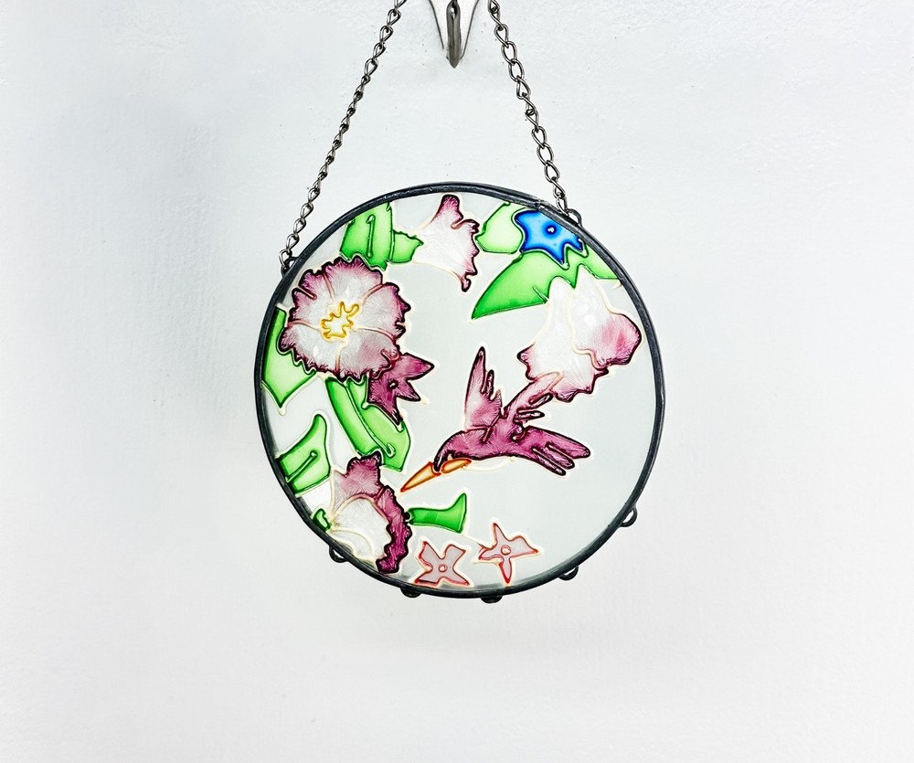 Hand Painted Hummingbird Glass Suncatcher Round Floral Window Hanging 4″