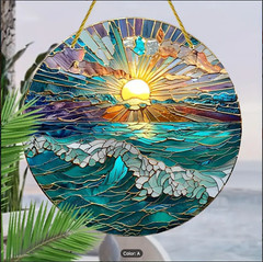 2D Ocean Beach Lake Sunset Stained Glass Look Suncatcher Ornament – 3″