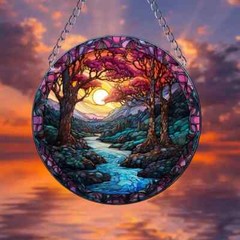 River Thru The Forest Suncatcher Double Sided Round Dyed Acrylic Wall Art Decor