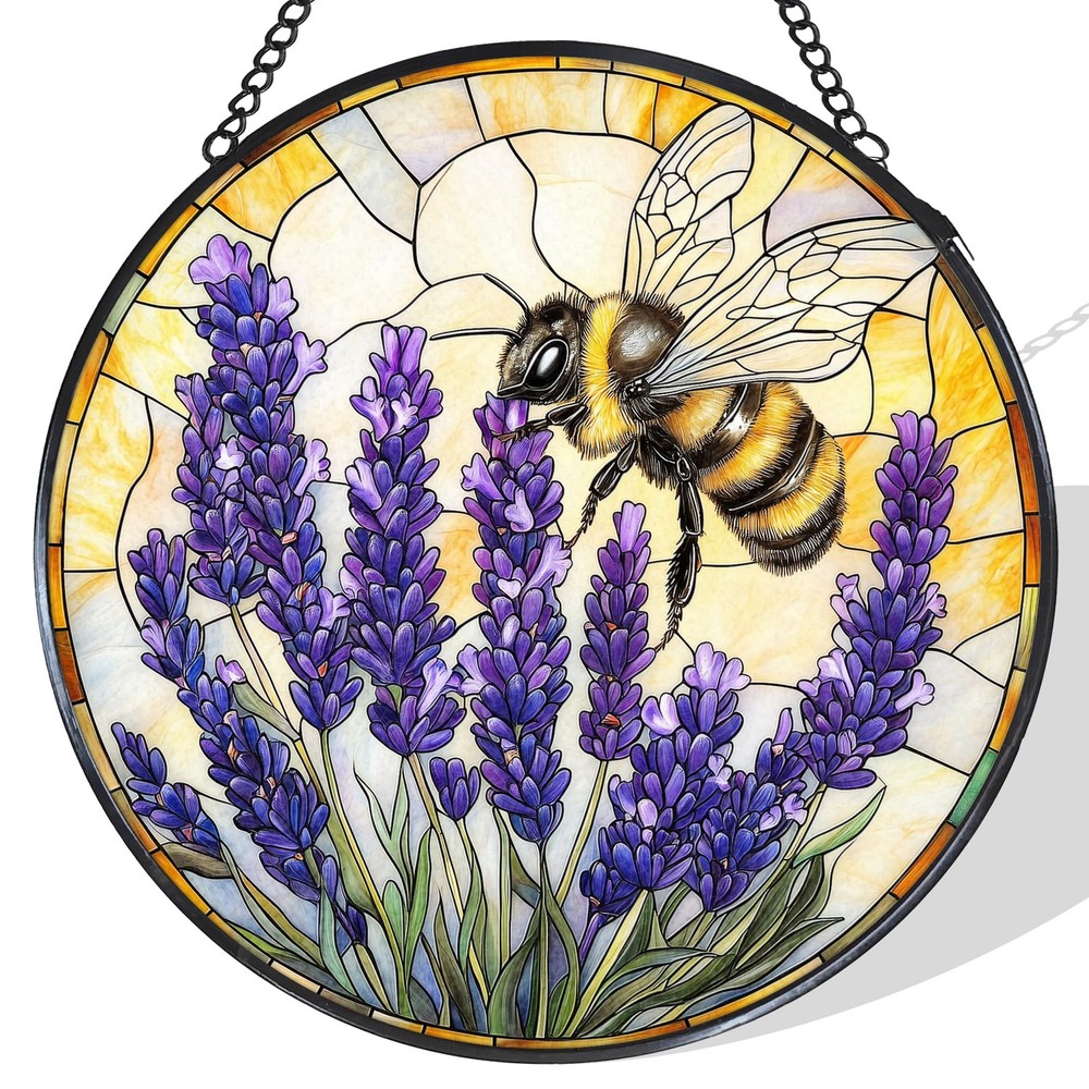 Vintage Bee Lavender Stained Glass Suncatcher for Indoor Window Decor, 7.8 in