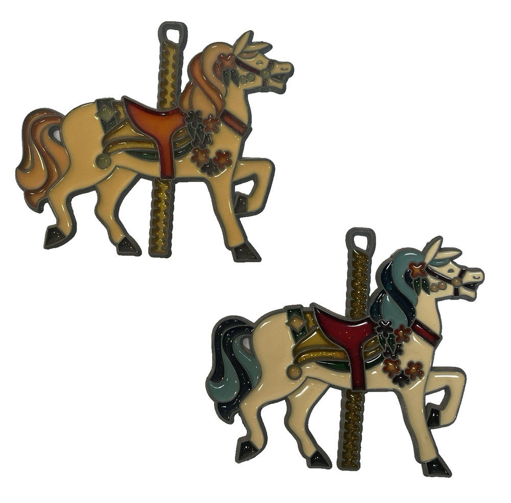 Vintage Stained Glass Metal Carousal Merry Go Round Horse Sun Catcher Set of 2