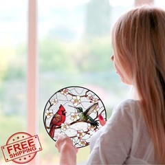 RVEAFA Cardinal Hummingbird Stained Glass Window Hanging