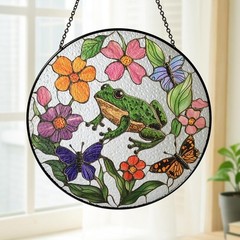 Frog and Flowers Stained Glass Suncatcher, Colorful Butterfly Window Hanging, Na