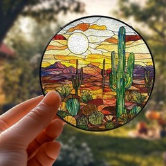 Desert Sunset Suncatcher, Stained Glass Cactus Scene, Southwest Window Decor Art