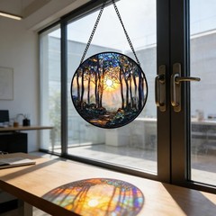 Stained Glass Suncatcher, Forest Sunrise Tree Design for Home Decor, 7.8 in