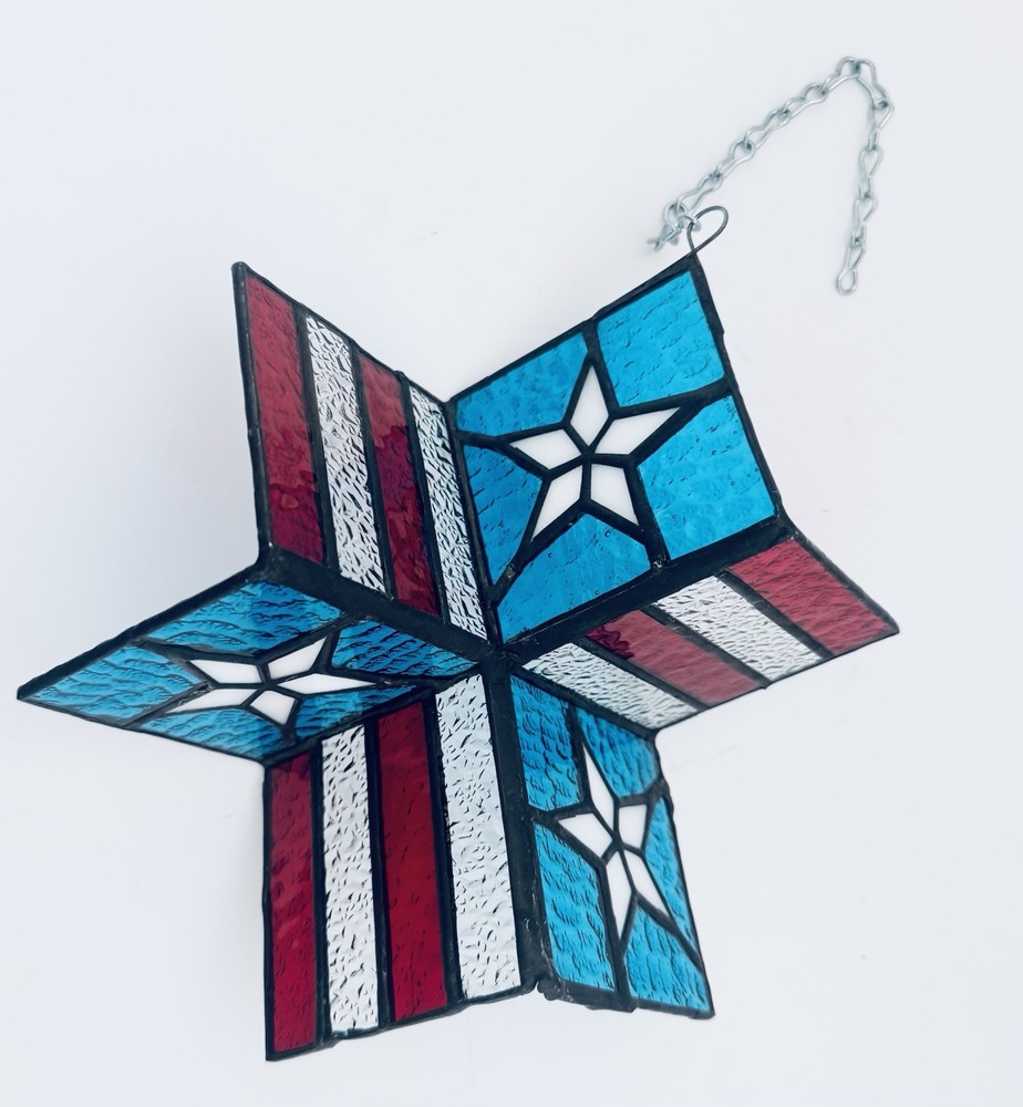Stained Glass 3D Texas Flag Suncatcher Red Blue White Hanging Rotates Chain