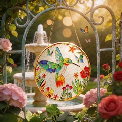 Stained Glass Suncatcher Spring Flowers & Hummingbird 8 Inch Handmade