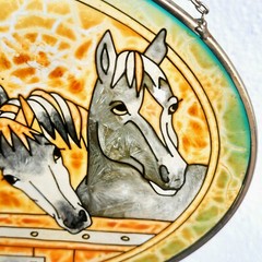Amia 5 Horses Suncatcher Stained Glass Hand Painted Western Decor Amber/Teal 9×7