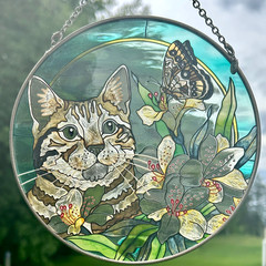 Amia Ripple Glass Suncatcher Cat Kitty Butterfly Flowers Hand painted 6.5”