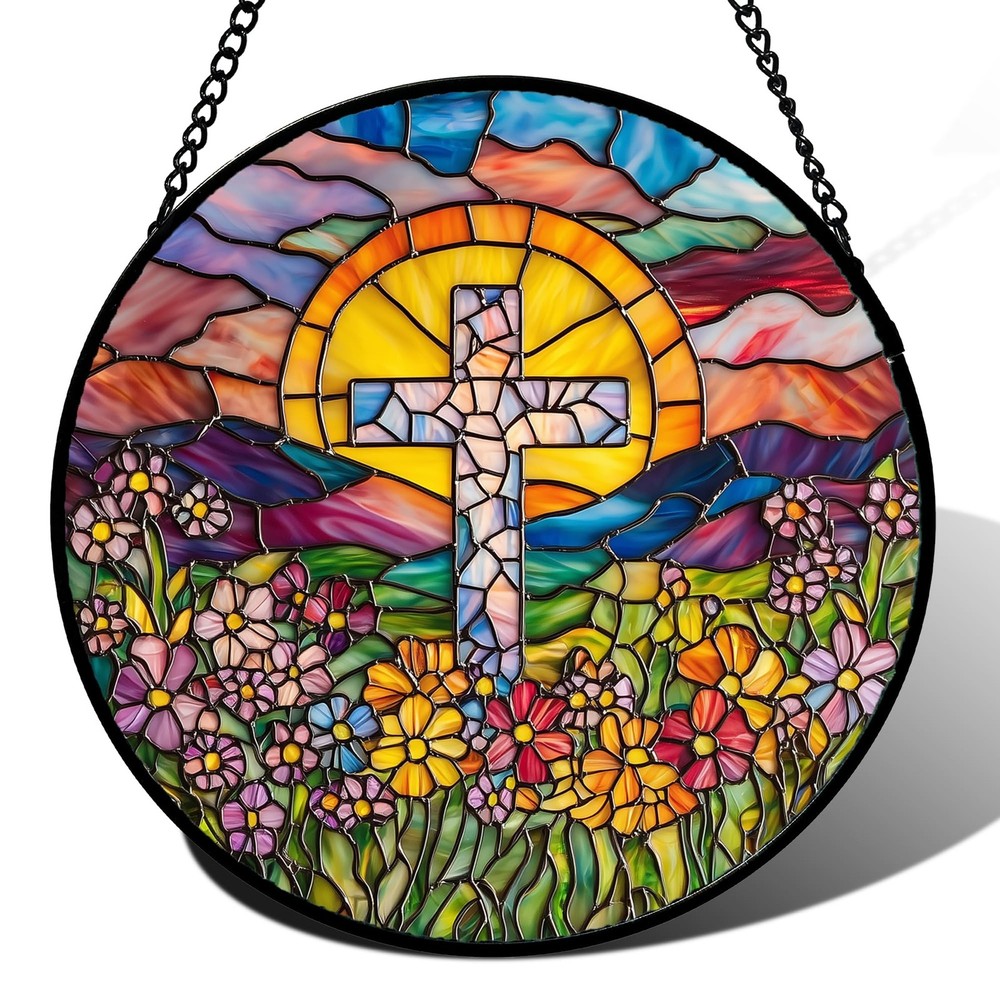 Stained Glass Cross Flower Sun Catcher for Home, Garden, Door Decor, 9.8″
