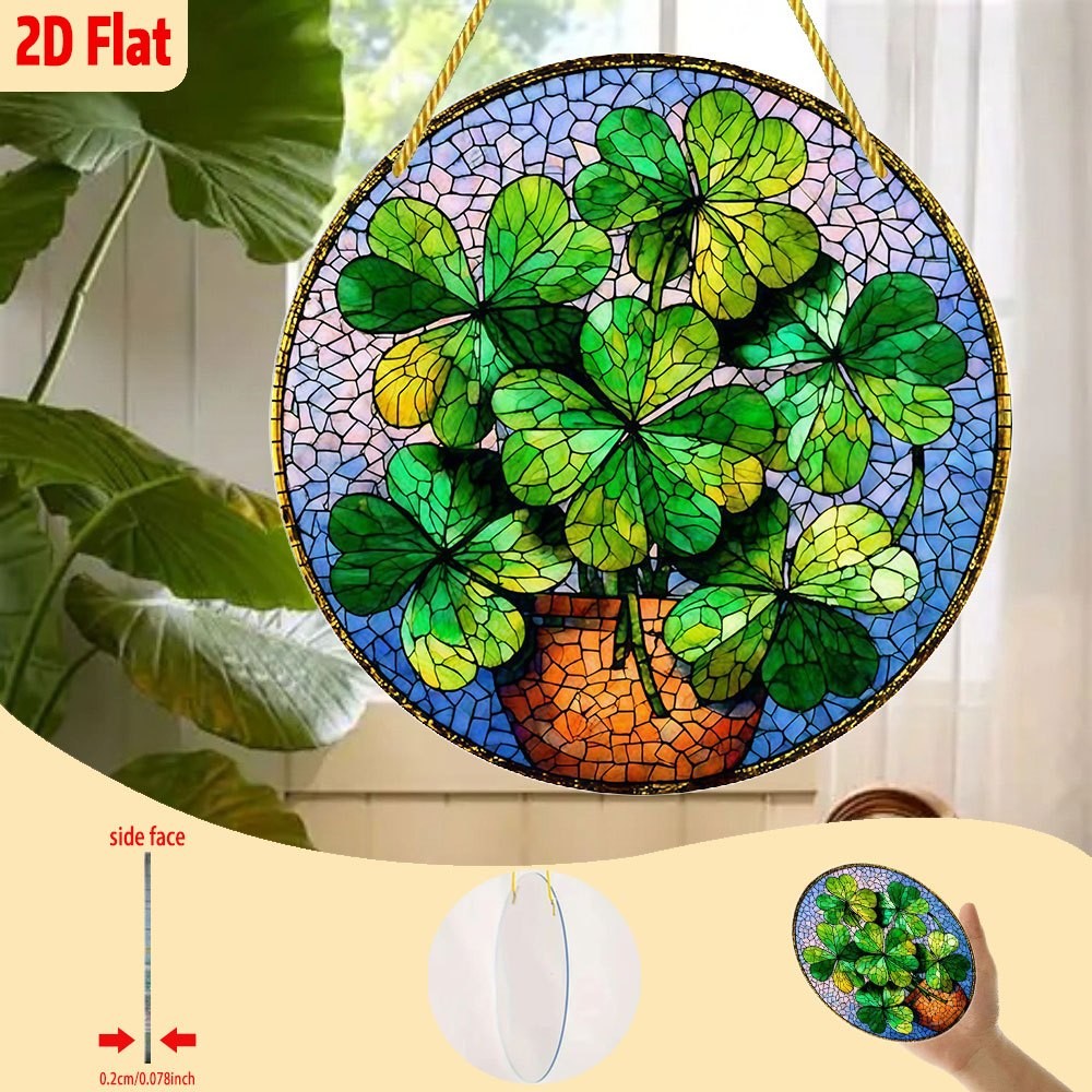 St. Patrick’s Day 2D Acrylic Flat Window Hanging Four-Leaf Clovers Round Decor