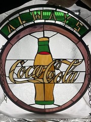 Vintage Handmade Stained Glass Coca Cola Hanging Sun Catcher 20 1/2 X 23 1/2