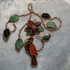 Red Cardinal Stained Glass Suncatcher Twisted Copper With Flower & Leaves