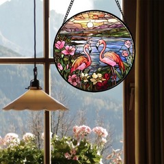 “Flamingo Wildflowers Stained Glass Suncatcher for Home Garden Decor 6.3 in”