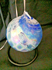 HAND BLOWN GLASS BALL, SUN-CATCHER, BLUE/WHITE IRIDESCENT