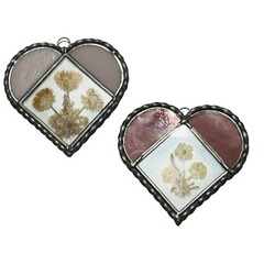Lasting Impressions Pressed Flower Heart Shaped Sun Catcher Pewter & Glass x2