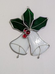 Stained Glass Suncatcher Christmas Bells W/ Holly and Berries White Red & Green