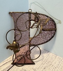 Stained Glass Violet Letter “P” with Butterfly and Leaf Scroll Trim