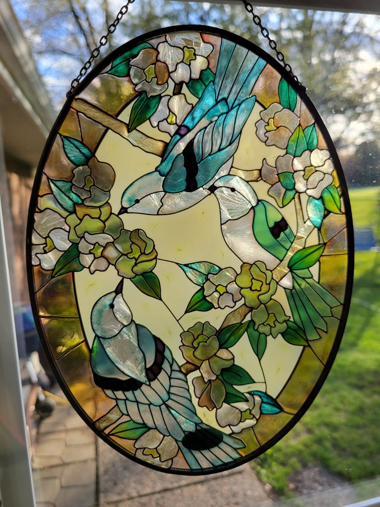 Joan Baker Designs Blue Birds Springtime Themed Stained Glass Sun Catcher 9×6.5″