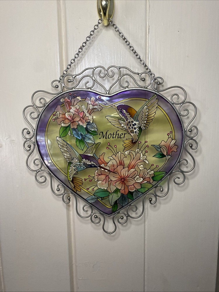 Stained Glass Hummingbird Sun Catcher Heart Shape Window Decor “Mother”
