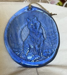 LARGE BLUE GLASS SUN CATCHER OF A WOLF IN THE FOREST