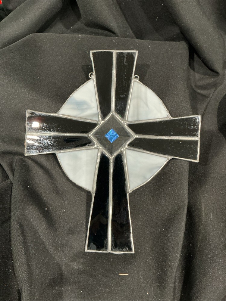 Vintage Stained Glass Cross Suncatcher Red, Gray Slag Glass Beveled Ctr Hanging
