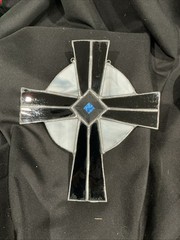 Vintage Stained Glass Cross Suncatcher Red, Gray Slag Glass Beveled Ctr Hanging