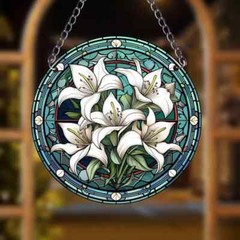 White Lily Flower Suncatcher Double Sided Round Acrylic Decor