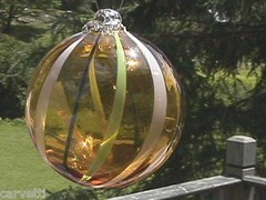 Hanging Glass Friendship Ball 4″ Amber with Lime, White & Blue Lines (1) HB43-2