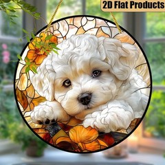 Colorful Curly White Puppy Acrylic Suncatcher Cute Dog Themed Art Decoraiton